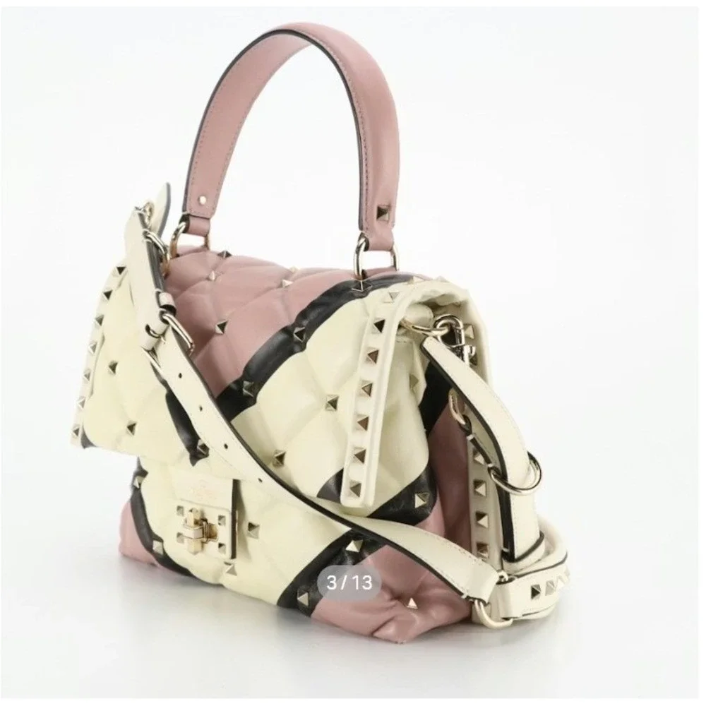 Valentino Garavani Pink and Cream Quilted Stud Satchel